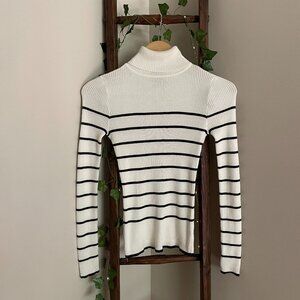 Classic Ribbed Striped Turtleneck Sweater – Black & White, Parisian Chic